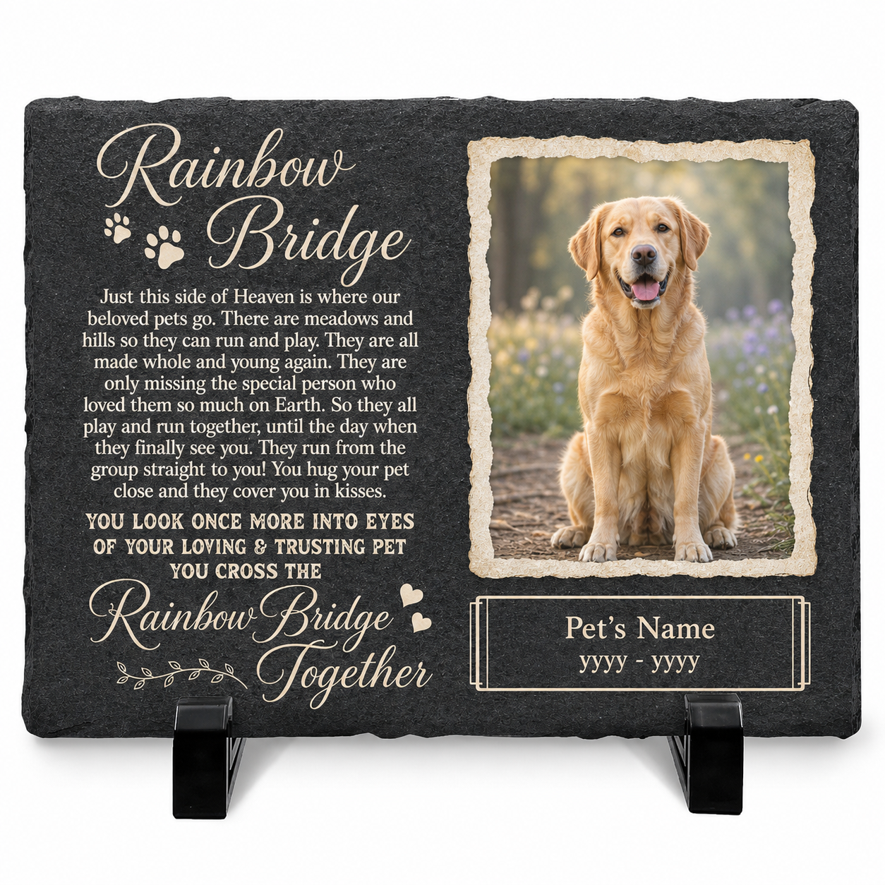 Personalized Rainbow Bridge Dog Memorial Slate Stone – Sympathy Gift for Pet Loss - Image 1 | VNMGSREPR1-6IN-EHIEU_AI_0479 VNMGSREPR1-8IN-EHIEU_AI_0479