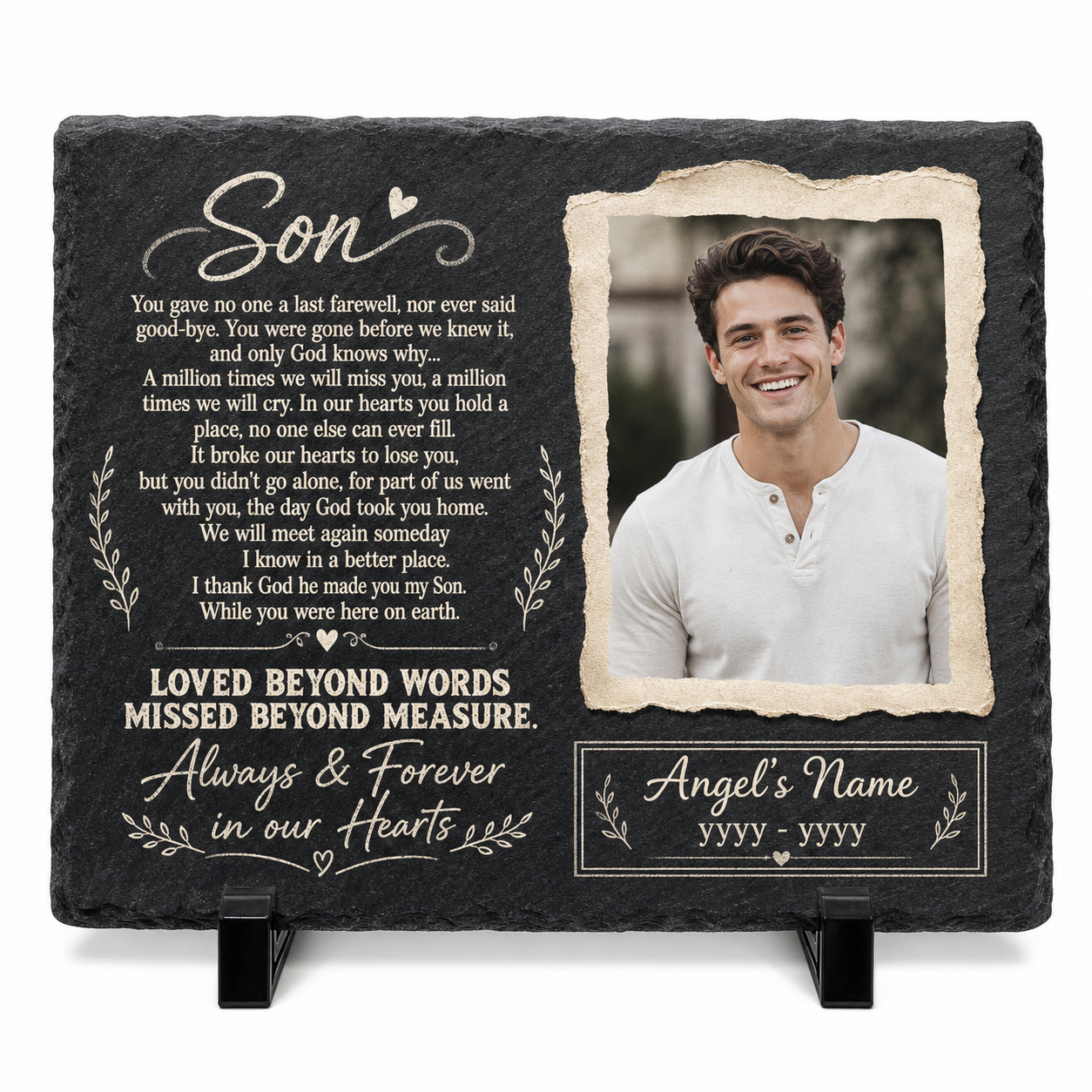 Personalized Son Memorial Garden Stone – Custom Photo Slate Plaque for Loss of Son - Image 1 | VNMGSREPR1-6IN-EHIEU_AI_0447 VNMGSREPR1-8IN-EHIEU_AI_0447