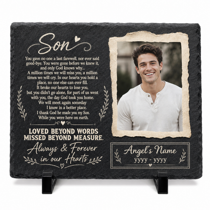 Personalized Son Memorial Garden Stone – Custom Photo Slate Plaque for Loss of Son - Image 1 | VNMGSREPR1-6IN-EHIEU_AI_0447 VNMGSREPR1-8IN-EHIEU_AI_0447