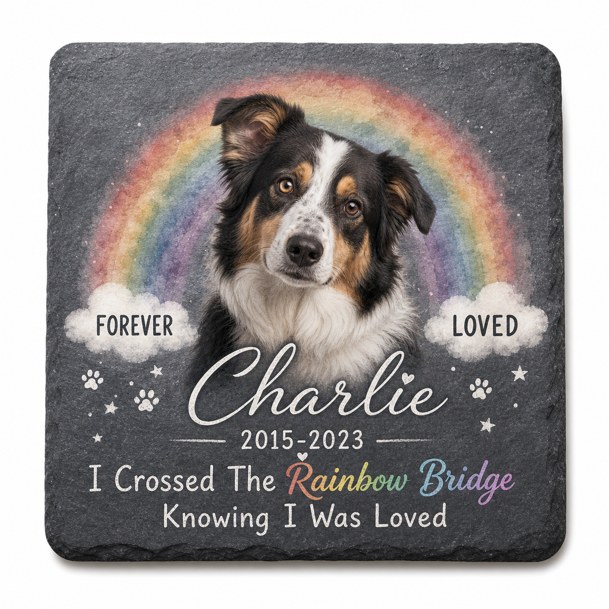 Personalized Dog Memorial Garden Stone – Rainbow Bridge Pet Loss Sympathy Gift - Image 1 | VNMGSREPR1-6IN-EHIEU_AI_0416 VNMGSREPR1-8IN-EHIEU_AI_0416