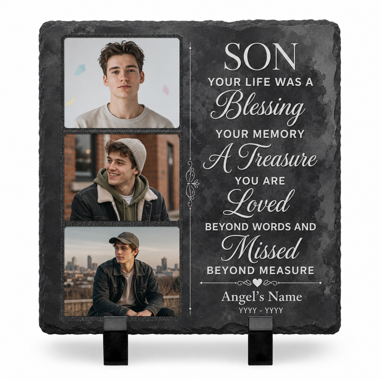 Personalized Memorial Photo Slate Stone for Loss of Son, Custom Remembrance Gift - Image 1 | VNMGSREPR1-6IN-EHIEU_AI_0424 VNMGSREPR1-8IN-EHIEU_AI_0424