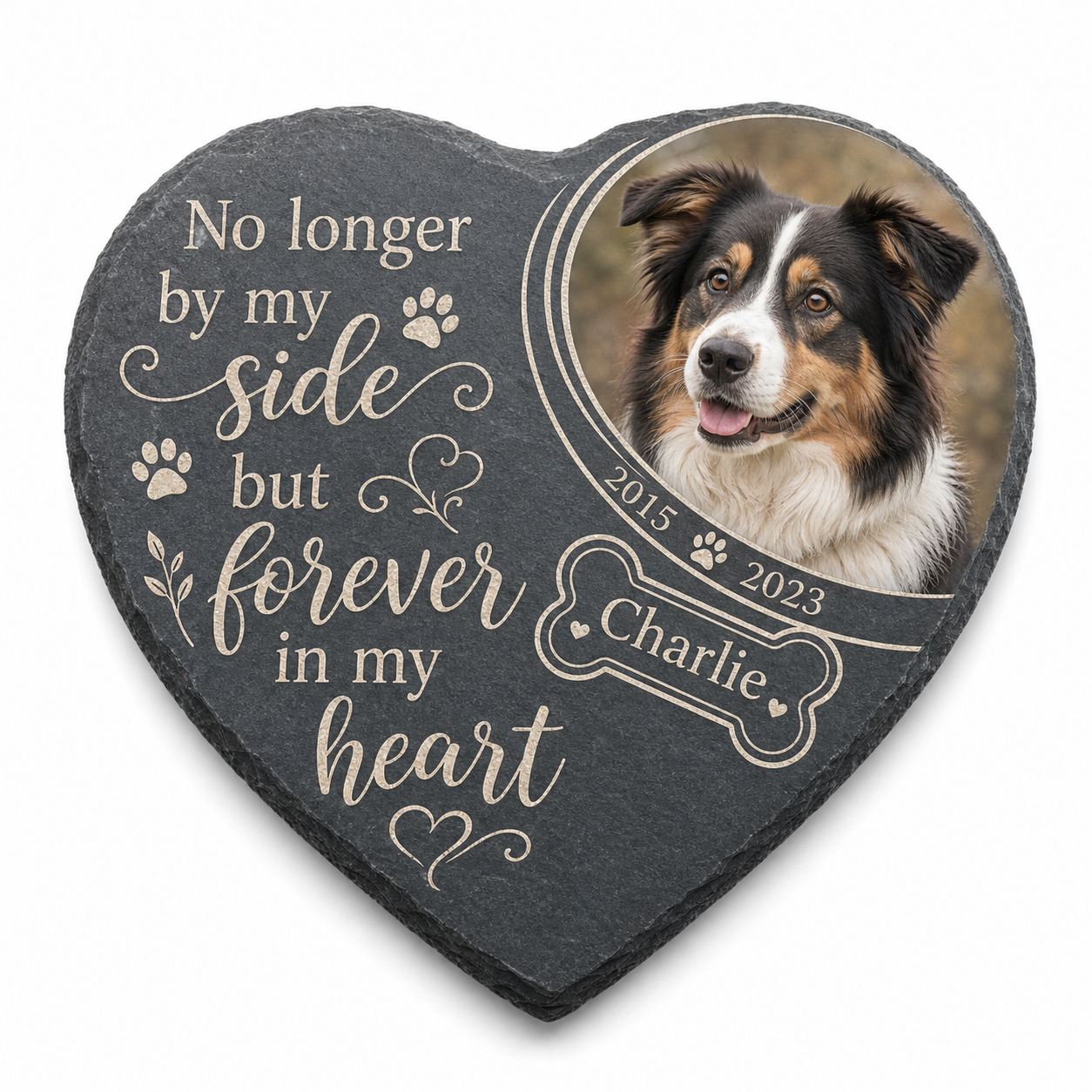 Personalized Heart-Shaped Pet Memorial Garden Stone with Photo for Dog Loss - Image 1 | VNMGSREPR1-6IN-EHIEU_AI_0419 VNMGSREPR1-8IN-EHIEU_AI_0419