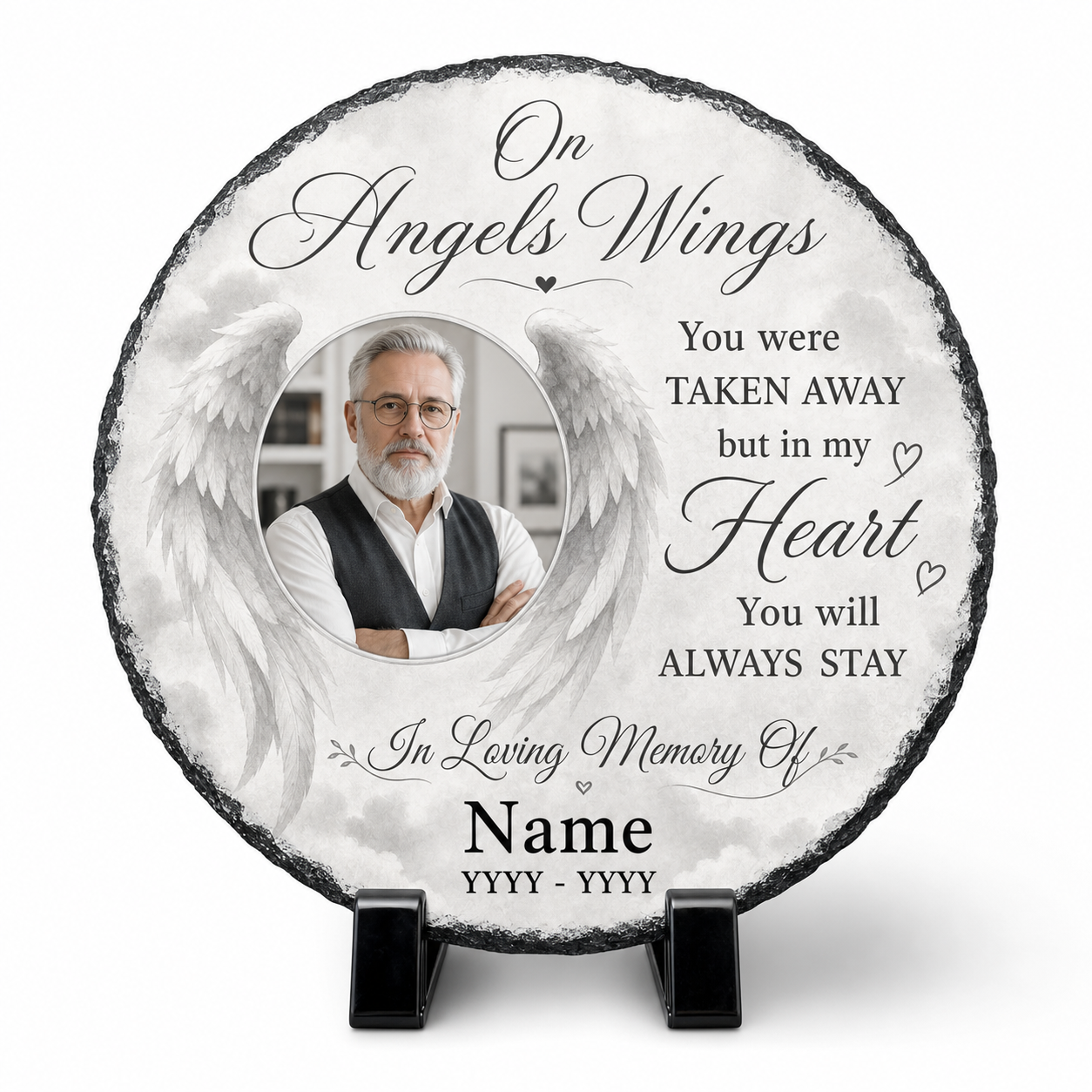Personalized Angel Wings Memorial Garden Stone – Custom Photo Slate Plaque Bereavement Gift - Image 1 | VNMGSREPR1-6IN-EHIEU_AI_0437 VNMGSREPR1-8IN-EHIEU_AI_0437