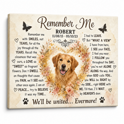 Personalized Dog Memorial Canvas Wall Art - Custom Pet Photo Print with Name & Dates - Image 1 | WCV-12X8-EHIEU_AI_0039 WCV-14X11-EHIEU_AI_0039 WCV-18X12-EHIEU_AI_0039 WCV-20X16-EHIEU_AI_0039 WCV-24X16-EHIEU_AI_0039 WCV-24X20-EHIEU_AI_0039 WCV-30X20-EHIEU_AI_0039 WCV-30X24-EHIEU_AI_0039 WCV-36X24-EHIEU_AI_0039 WCV-40X30-EHIEU_AI_0039