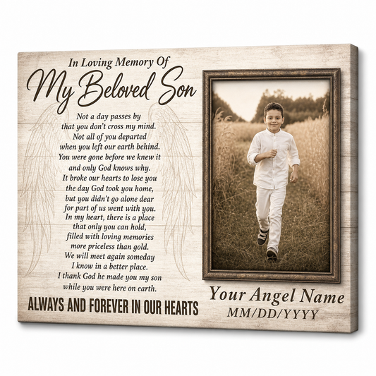 Personalized Memorial Wall Canvas For Loss Of Son, In Loving Memory Of Son Photo Remembrance Gift - Image 1