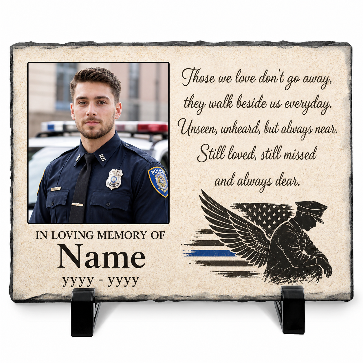 Personalized Police Officer Memorial Photo Slate Stone Thin Blue Line Keepsake - Image 1 | VNMGSREPR1-6IN-EHIEU_AI_0452 VNMGSREPR1-8IN-EHIEU_AI_0452