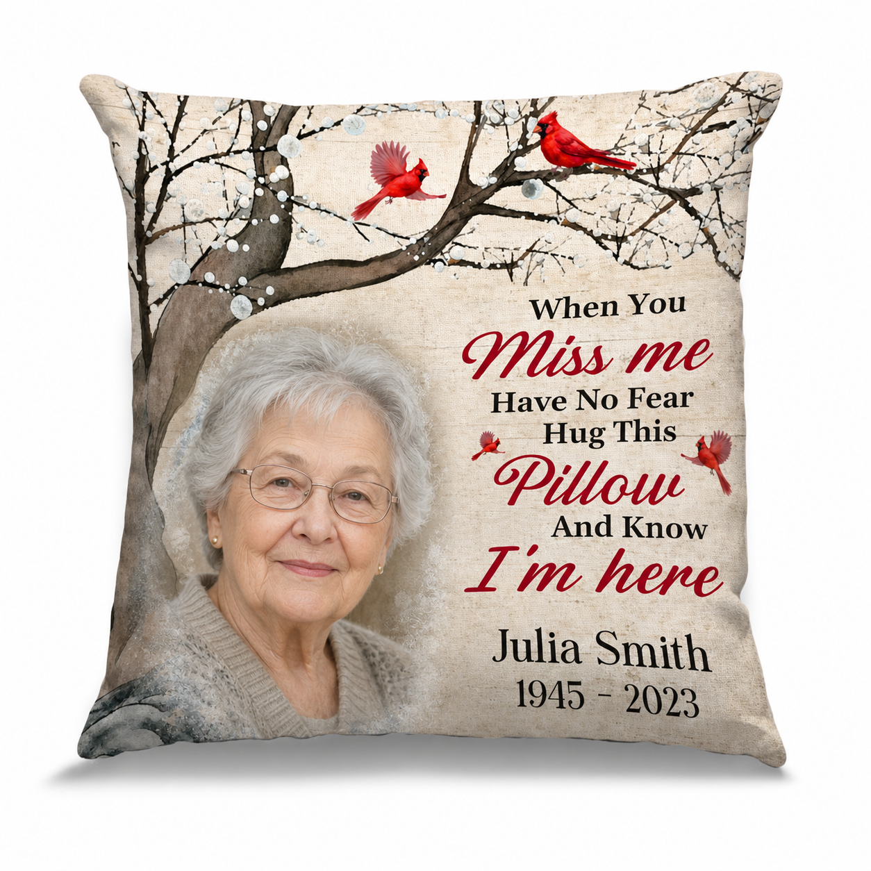 Personalized Memorial Photo Pillow with Cardinal & Tree Branch - Sympathy Gift for Loss of Mom - Image 1
