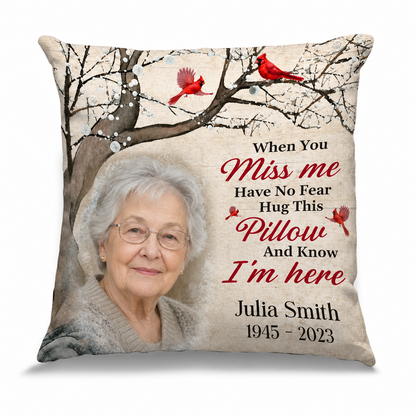 Personalized Memorial Photo Pillow with Cardinal & Tree Branch - Sympathy Gift for Loss of Mom - Image 1