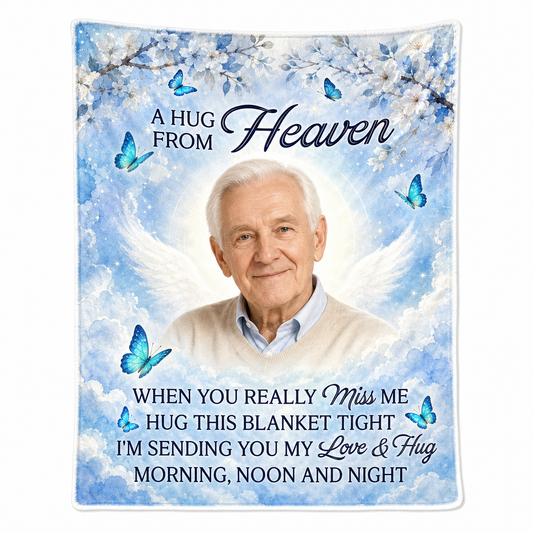 Personalized Memorial Photo Fleece Blanket - A Hug From Heaven Sympathy Remembrance Gift - Image 1