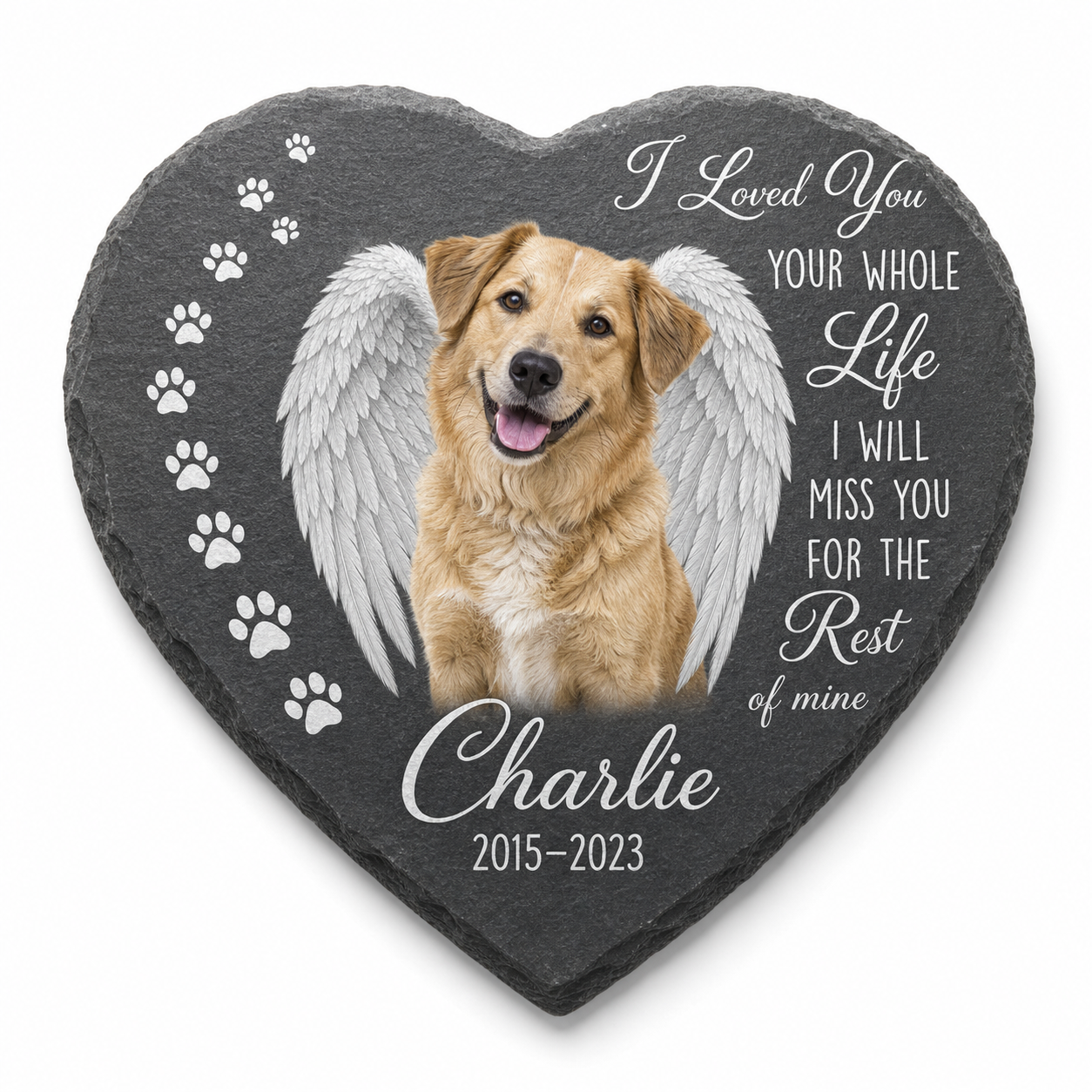 Personalized Dog Photo Memorial Garden Stone with Angel Wings, Pet Loss Gift - Image 1 | VNMGSREPR1-6IN-EHIEU_AI_0415 VNMGSREPR1-8IN-EHIEU_AI_0415