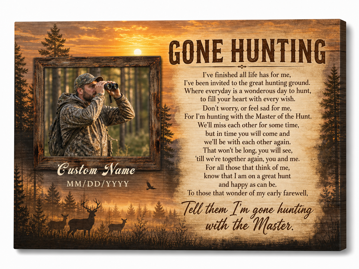 Personalized Gone Hunting Memorial Wall Canvas for Loss of a Hunter Outdoorsman Remembrance Gift - Image 1
