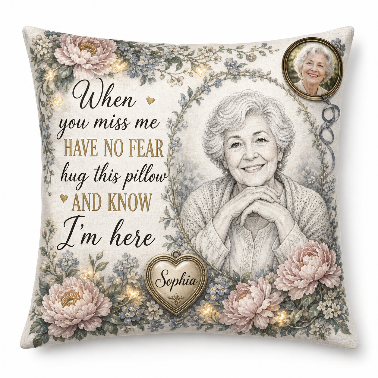 Personalized Memorial Photo Pencil Sketch Pillow, Have No Fear Hug This Pillow Sympathy Gift - Image 1