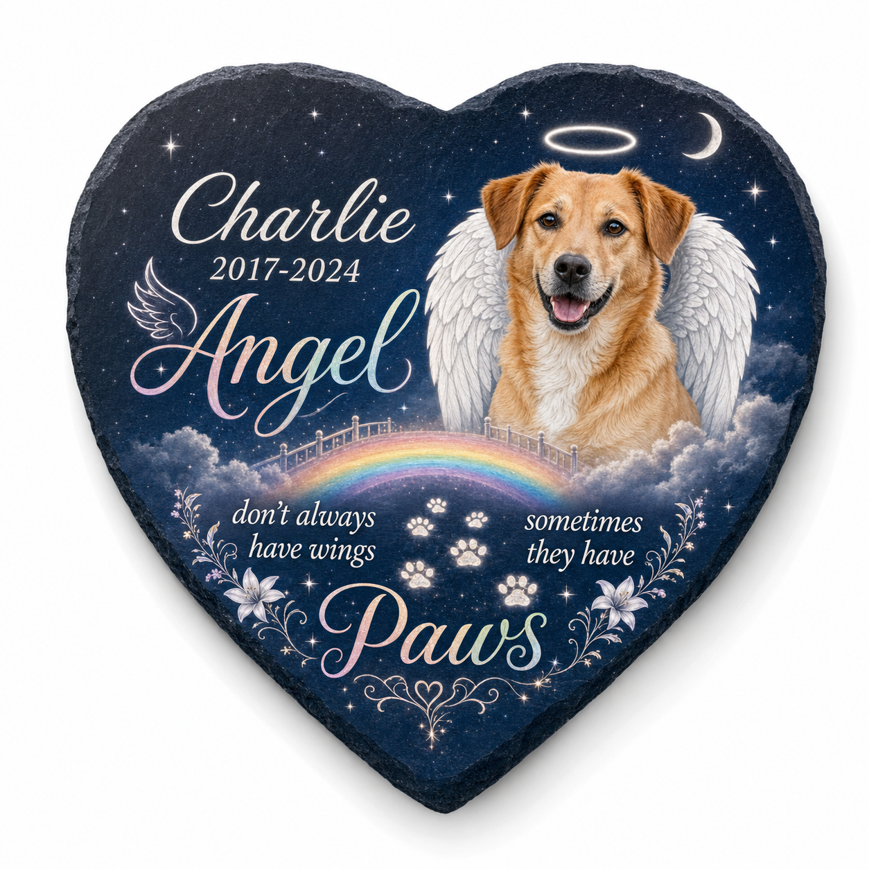 Personalized Dog Memorial Garden Stone Heart Shaped Angel Paws Photo Gift - Image 1 | VNMGSREPR1-6IN-EHIEU_AI_0422 VNMGSREPR1-8IN-EHIEU_AI_0422