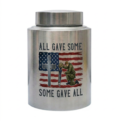 All Gave Some Veteran Kneeling Soldier American Flag Cross Stainless Steel Ash Container Military Army Navy Sympathy Bereavement Memorial Keepsake Urn, Memorial Gift, In Loving Memory - Image 1