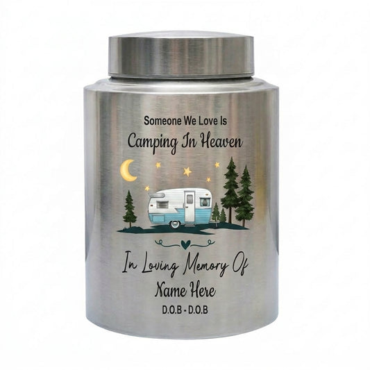 Personalized Forest Camping Outdoor UV Printed Camper Someone We Love Is Camping In Heaven Burial Ashes Holder 2 Sizes 4 Colors Memorial Keepsake Urn, Memorial Gift, In Loving Memory - Image 1