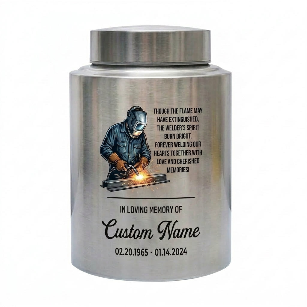 Personalized Welder Theme Stainless Steel UV Print Cremation Ashes Holder for Loss of Husband Father Colleague Sympathy Bereavement Memorial Keepsake Urn, Memorial Gift, In Loving Memory - Image 1