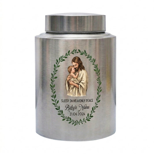 Personalized Jesus Cradling Angel Baby Stainless Steel Cremation Urn for Human Ashes, Sleep In Heavenly Peace Child Loss Grief Support Decor, Memorial Keepsake Urn, Memorial Gift, In Loving Memory - Image 1