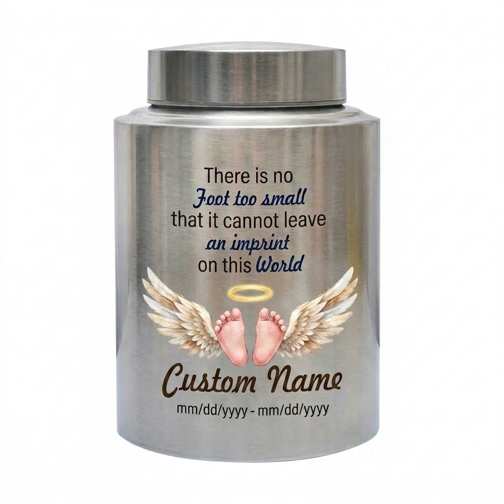 Personalized Baby Footprints UV Print Stainless Steel Urn for Infant Child Miscarriage Loss Foot Too Small Imprint Custom Large Memorial Keepsake Urn, Memorial Gift, In Loving Memory - Image 1