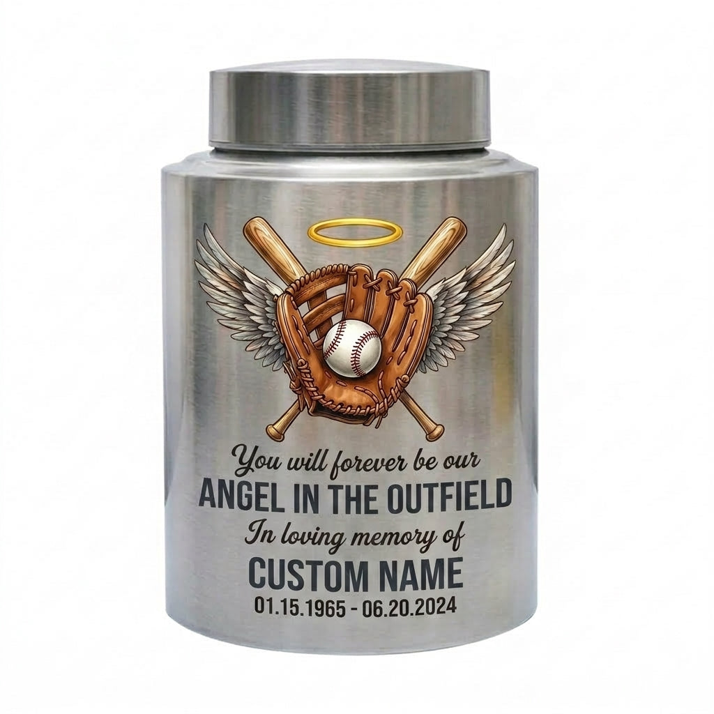 Personalized Baseball Angel Wings Large Stainless Steel Cremation Urn for Human Ashes, Sports Fan Funeral Tribute Display Vessel, Memorial Keepsake Urn, Memorial Gift, In Loving Memory - Image 1