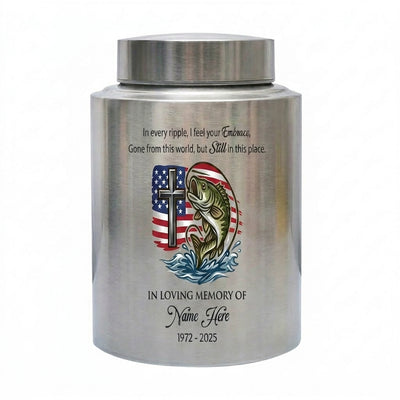 Personalized Bass Fishing Stainless Steel Cremation Urn for Human Ashes, Fisherman Dad Grandpa Loss Tribute, Silver Black Gold Red Options, Memorial Keepsake Urn, Memorial Gift, In Loving Memory - Image 1 | BXGH-SMALL-SILVER-B0F6335NZB BXGH-SMALL-BLACK-B0F6335NZB BXGH-SMALL-RED-B0F6335NZB BXGH-SMALL-GOLDEN-B0F6335NZB BXGH-LARGE-SILVER-B0F6335NZB BXGH-LARGE-BLACK-B0F6335NZB BXGH-LARGE-RED-B0F6335NZB BXGH-LARGE-GOLDEN-B0F6335NZB