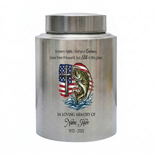 Personalized Bass Fishing Stainless Steel Cremation Urn for Human Ashes, Fisherman Dad Grandpa Loss Tribute, Silver Black Gold Red Options, Memorial Keepsake Urn, Memorial Gift, In Loving Memory - Image 1