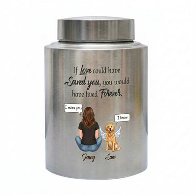 Personalized Woman and Dog Angel Silhouette Stainless Steel Pet Loss Urns for Ashes If Love Could Have Saved You Forever Quote Custom Names Memorial Keepsake Urn, Memorial Gift, In Loving Memory - Image 1