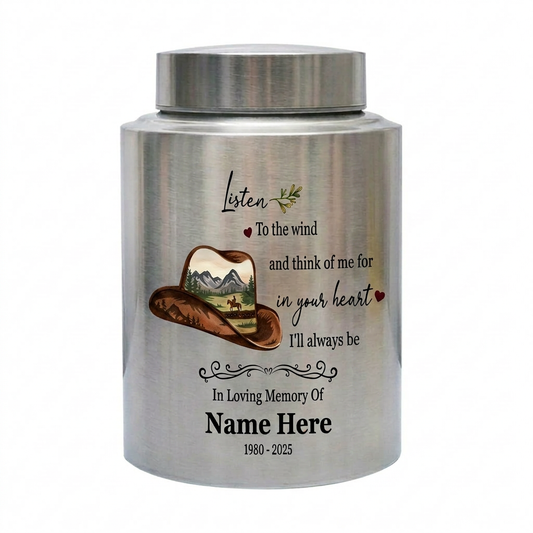 Personalized Cowboy Hat and Boots Western UV Printed Stainless Steel Cremation Urn for Adult Human Ashes Funeral Sympathy Bereavement Small Large Memorial Keepsake Urn, Memorial Gift, In Loving Memory - Image 1