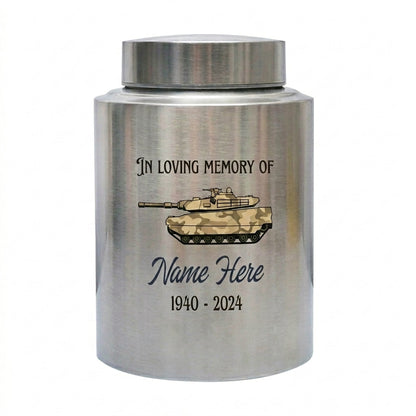 Personalized US Army Soldier Veteran Tank Silhouette UV Printed Stainless Steel Military Tribute Home Decor Display Large 5.9x3.9 or 7.5x5.1 Memorial Keepsake Urn, Memorial Gift, In Loving Memory - Image 1