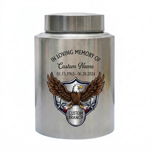 Personalized US Army Veteran Military Branch Stainless Steel Urn, Custom Soldier Tribute for Father Grandpa, 7.5x5.1 or 5.9x3.9, Memorial Keepsake Urn, Memorial Gift, In Loving Memory - Image 1