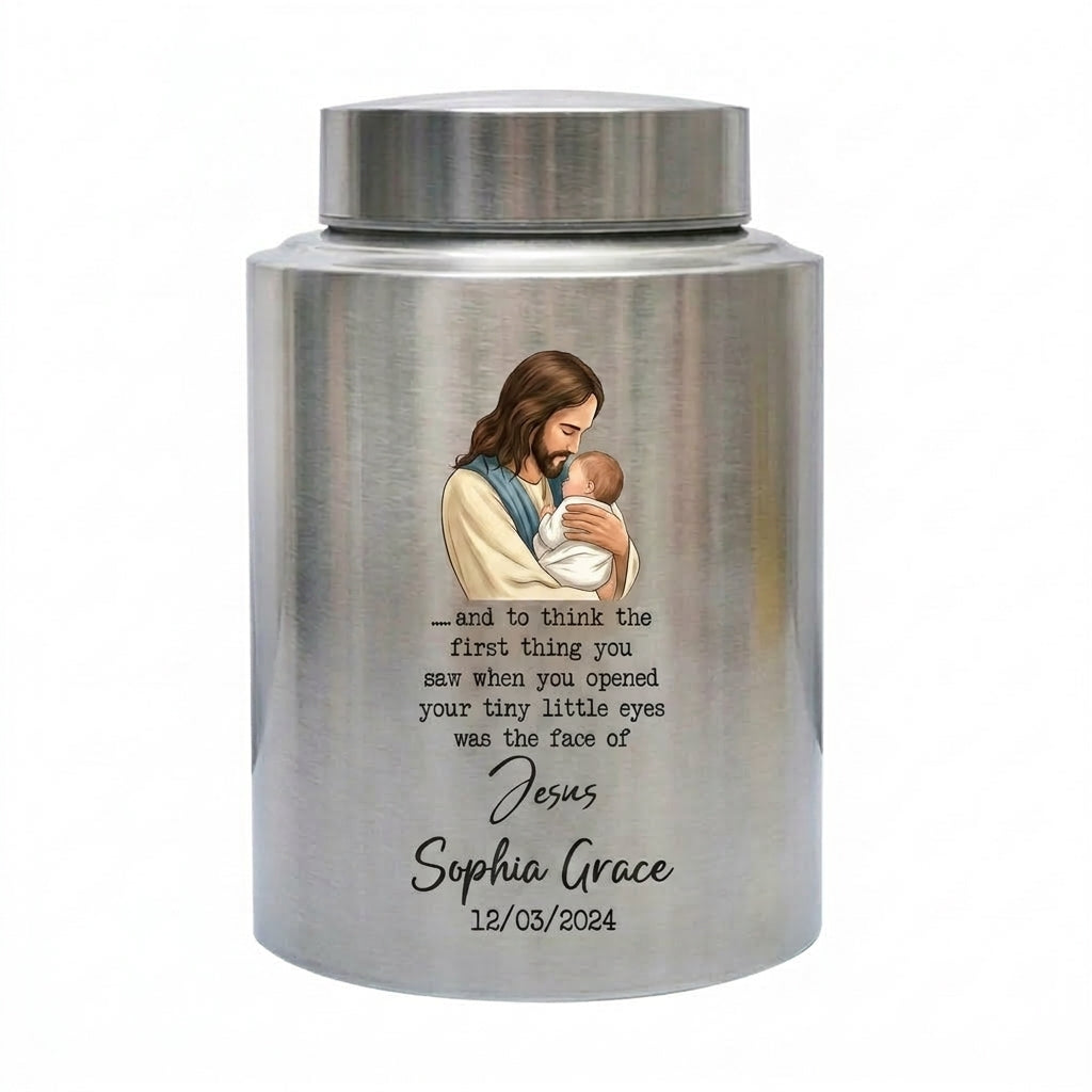 Personalized Baby of Jesus Infant Loss UV Printed Stainless Steel Urn for Child Boy Girl Miscarriage Bereavement Large Two Sizes Memorial Keepsake Urn, Memorial Gift, In Loving Memory - Image 1