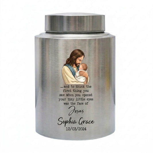 Personalized Baby of Jesus Infant Loss UV Printed Stainless Steel Urn for Child Boy Girl Miscarriage Bereavement Large Two Sizes Memorial Keepsake Urn, Memorial Gift, In Loving Memory - Image 1