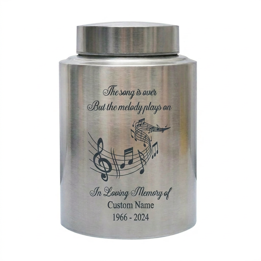 Personalized Musician Musical Staff Treble Clef Stainless Steel Urn For Ashes Music Lover Loss Of Loved One Remembrance Large Capacity Memorial Keepsake Urn, Memorial Gift, In Loving Memory - Image 1