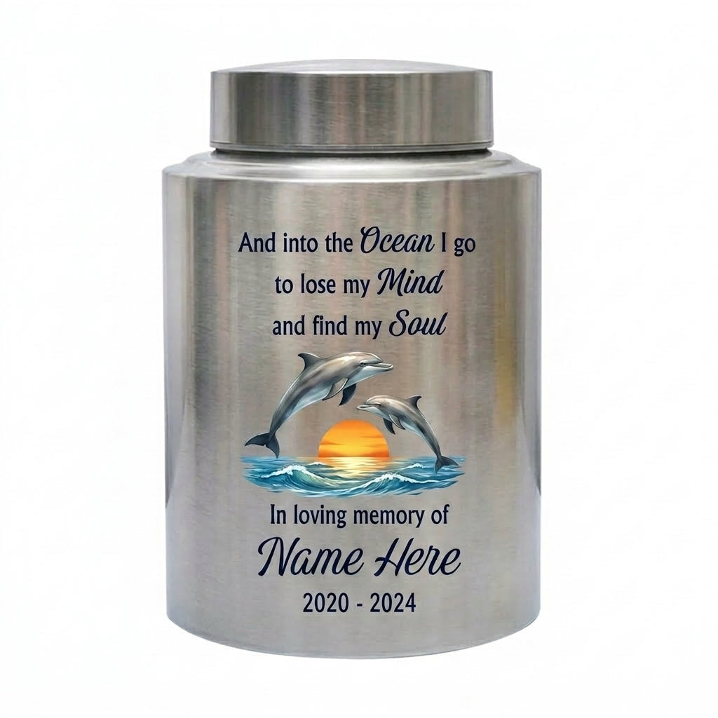 Personalized Dolphin Ocean Stainless Steel Cremation Urn for Adult Male Female Mom Dad, Large UV Print Decorative Funeral Ashes Container, Memorial Keepsake Urn, Memorial Gift, In Loving Memory - Image 1