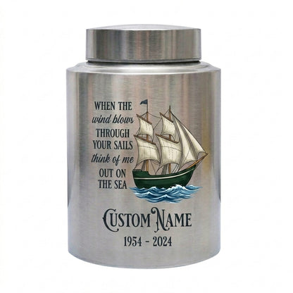 Personalized Sail Boat Stainless Steel Urn for Human Ashes, Custom Name Date Ocean Tribute for Dad Grandpa Sailor, Adult Size, Memorial Keepsake Urn, Memorial Gift, In Loving Memory - Image 1