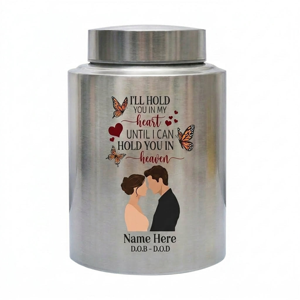 Personalized Couple In Heaven Butterfly Heart Stainless Steel Urn Loss Of Husband Widow Sympathy Bereavement Adult Ashes 2 Sizes Memorial Keepsake Urn, Memorial Gift, In Loving Memory - Image 1