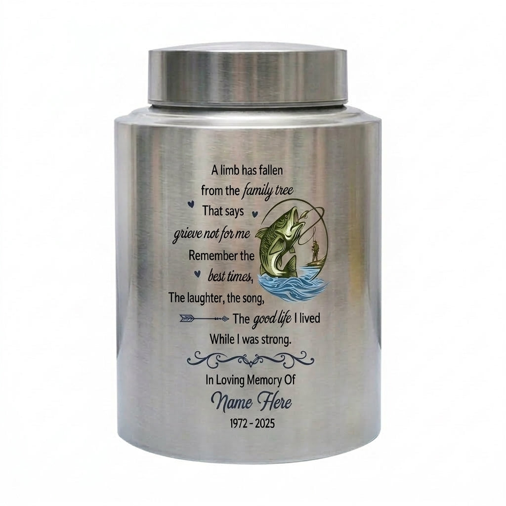 Personalized Bass Fishing Fisherman Stainless Steel Cremation Ash Container, A Limb Has Fallen Family Tree Poem for Father Grandfather, Memorial Keepsake Urn, Memorial Gift, In Loving Memory - Image 1