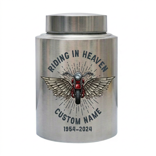 Personalized Motorcycle Cremation Urn Stainless Steel Riding In Heaven Biker Tribute for Dad Husband Two Sizes Black Gold Red Memorial Keepsake Urn, Memorial Gift, In Loving Memory - Image 1
