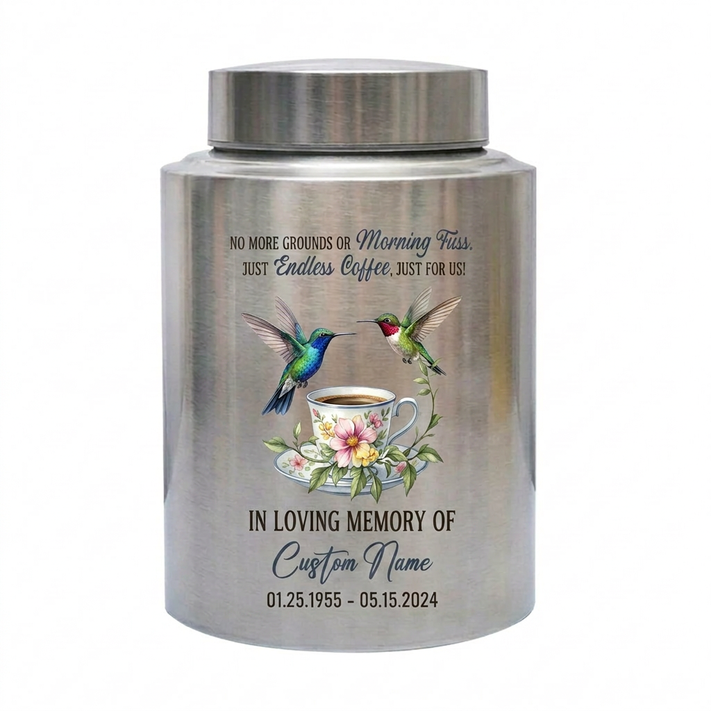 Personalized Coffee Design Stainless Steel Cremation Urn For Coffee Lovers, Morning Brew Tribute Custom Name Dates, 2 Size Options, Memorial Keepsake Urn, Memorial Gift, In Loving Memory - Image 1