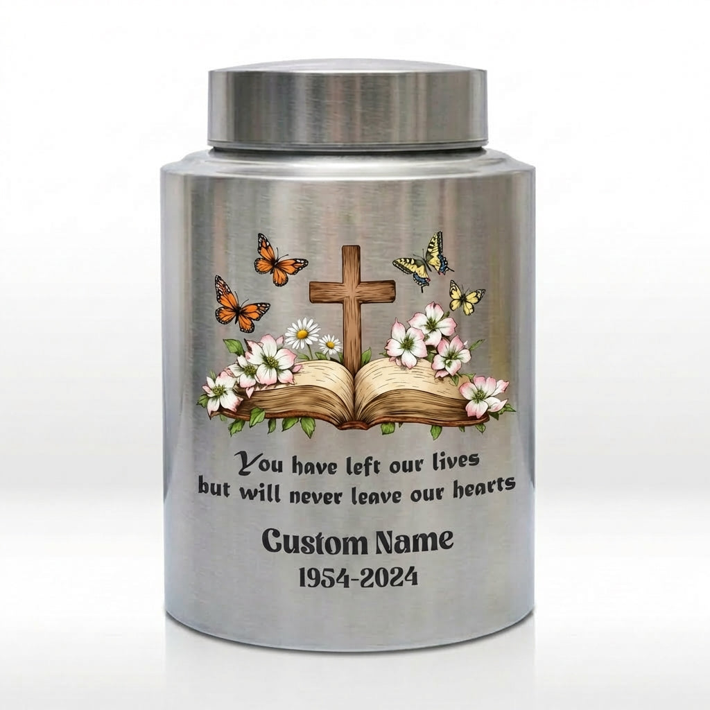 Personalized Christian Cross Bible Floral Urn, Custom Name Date Stainless Steel Adult Ash Container, Bereavement Sympathy Funeral Memorial Keepsake Urn, Memorial Gift, In Loving Memory - Image 1