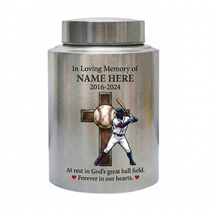 Personalized Baseball Stainless Steel Urn for Human Ashes, Sports Fan Remembrance Container for Coach Player, Two Sizes, Memorial Keepsake Urn, Memorial Gift, In Loving Memory - Image 1