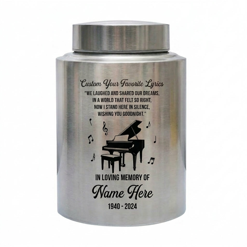 Personalized Piano Music Lovers Custom Favorite Lyrics Stainless Steel Cremation Urn for Adult Male Female Human Ashes Large Memorial Keepsake Urn, Memorial Gift, In Loving Memory - Image 1