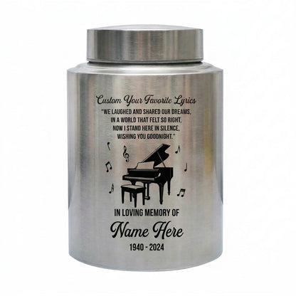 Personalized Piano Music Lovers Custom Favorite Lyrics Stainless Steel Cremation Urn for Adult Male Female Human Ashes Large Memorial Keepsake Urn, Memorial Gift, In Loving Memory - Image 1
