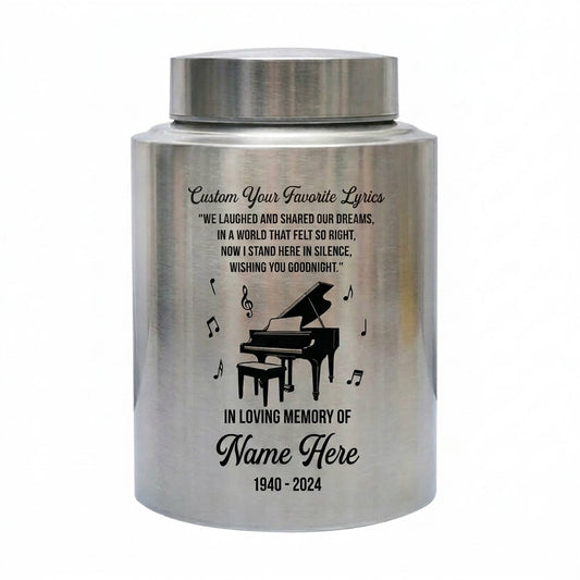Personalized Piano Music Lovers Custom Favorite Lyrics Stainless Steel Cremation Urn for Adult Male Female Human Ashes Large Memorial Keepsake Urn, Memorial Gift, In Loving Memory - Image 1