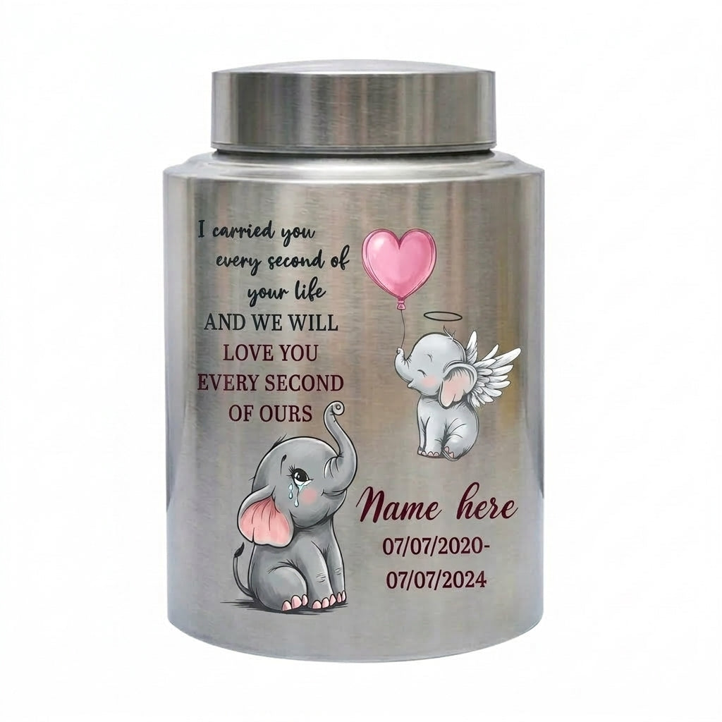 Personalized Baby Elephant Stainless Steel UV Printed Urn for Infant Child Boy Girl Loss, Bereaved Parents Grief Support, Memorial Keepsake Urn, Memorial Gift, In Loving Memory - Image 1