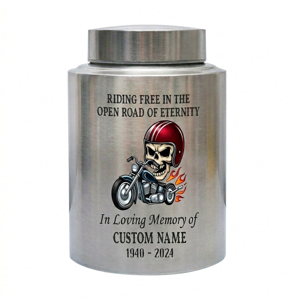 Personalized Motorcycle Stainless Steel Urns for Human Ashes Dad Husband Men Riding Free Biker Tribute UV Printed Large Small Sizes Memorial Keepsake Urn, Memorial Gift, In Loving Memory - Image 1