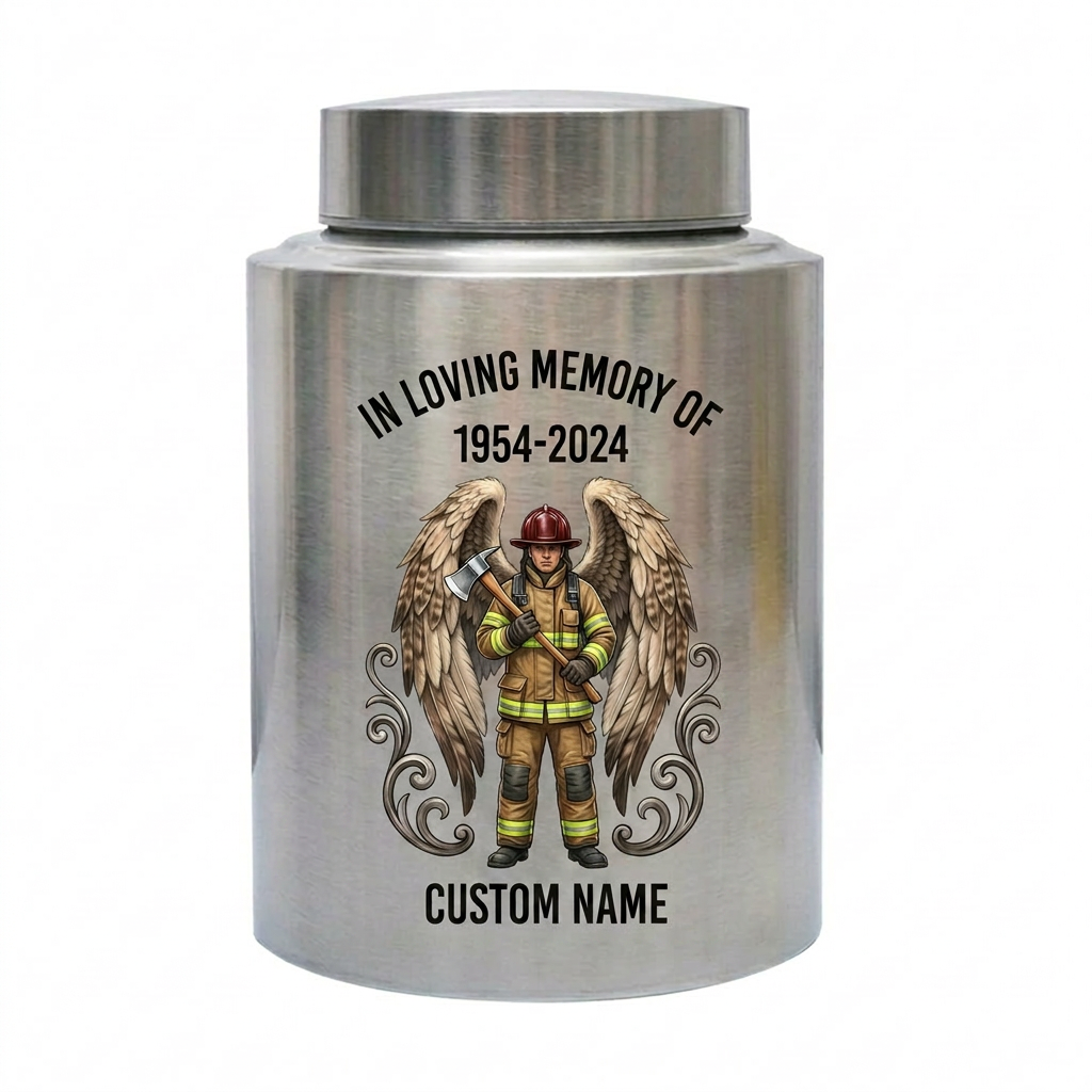 Personalized Firefighter Urn for Human Ashes, Custom Name Date Fireman Angel Wings Cremation Jar, Decorative Stainless Steel Loss Tribute, Memorial Keepsake Urn, Memorial Gift, In Loving Memory - Image 1