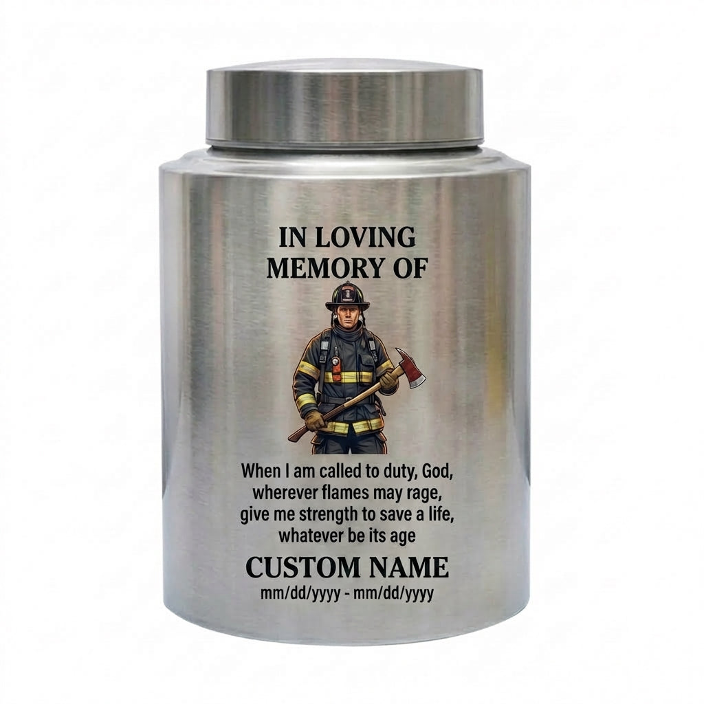 Personalized Firefighter Fireman Silhouette Stainless Steel Cremation Urn First Responder Tribute Adult Male Female Ashes Holder Silver Memorial Keepsake Urn, Memorial Gift, In Loving Memory - Image 1