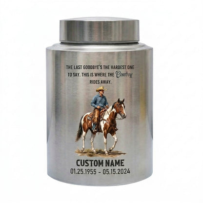 Personalized Cowboy Boots Hat Cross Stainless Steel Urn for Father Grandfather Husband Loss, Adult Human Ashes Funeral Display, Large Two Sizes, Memorial Keepsake Urn, Memorial Gift, In Loving Memory - Image 1