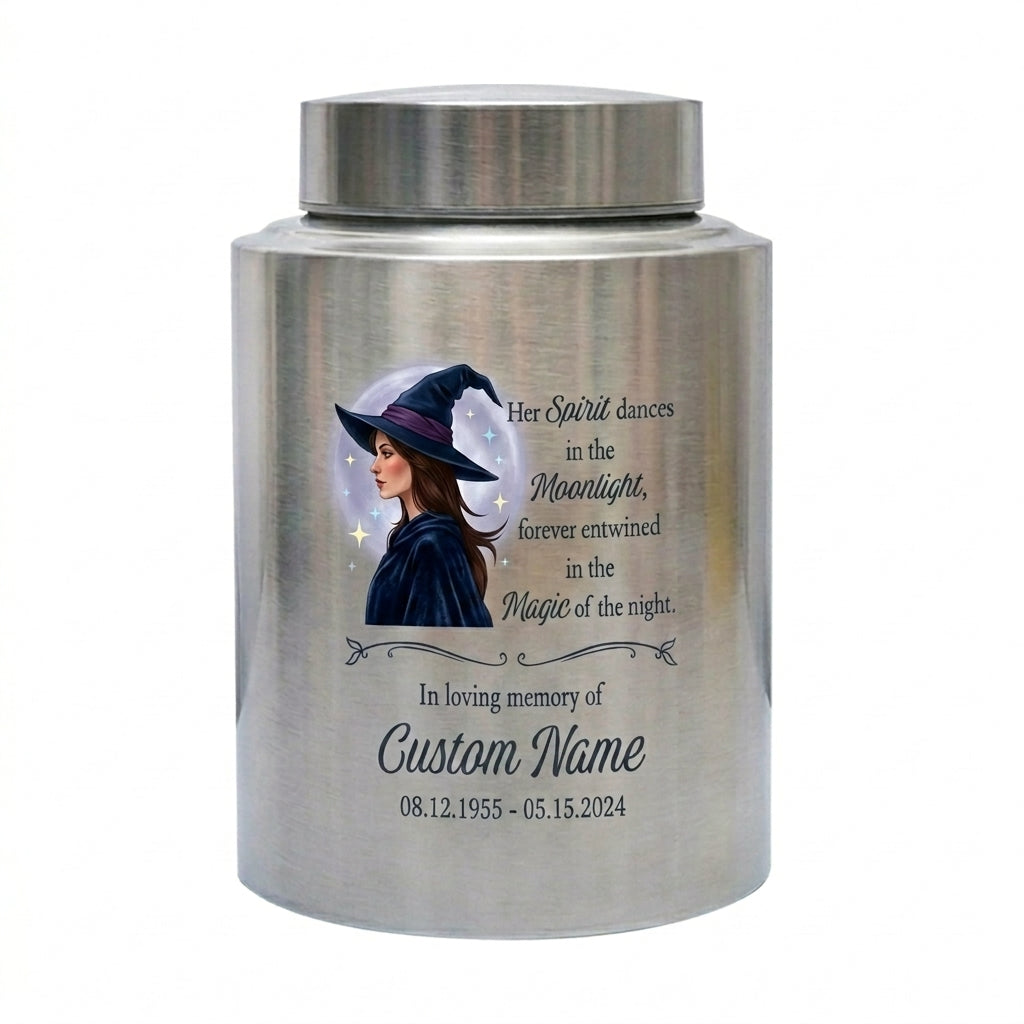 Personalized Witch Silhouette Magic Moonlight Stainless Steel UV Print Urn For Adult Female Wife Girlfriend Bereavement Funeral Memorial Keepsake Urn, Memorial Gift, In Loving Memory - Image 1