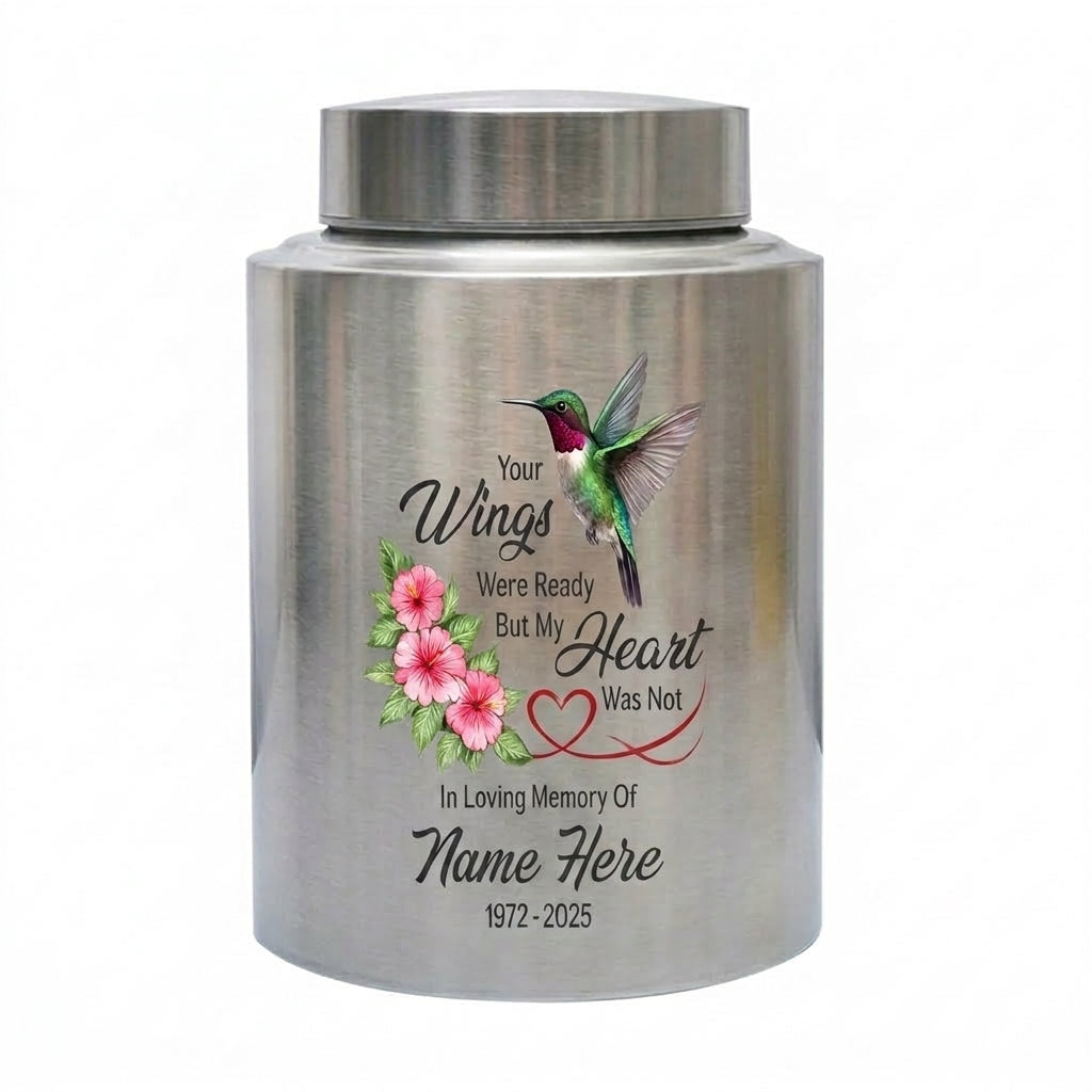 Personalized Hummingbird Stainless Steel Cremation Urn for Human Ashes, Your Wings Were Ready Bereavement Condolence Loss of Loved One Memorial Keepsake Urn, Memorial Gift, In Loving Memory - Image 1